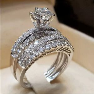 2 pc bridal engagement silver ring set